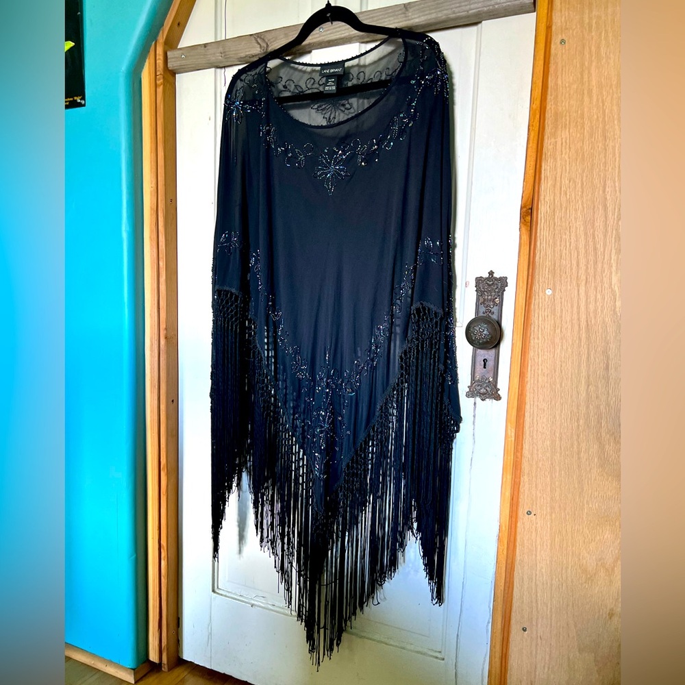 100% silk sheer black shrug / scarf with fringe & multicolor beaded details